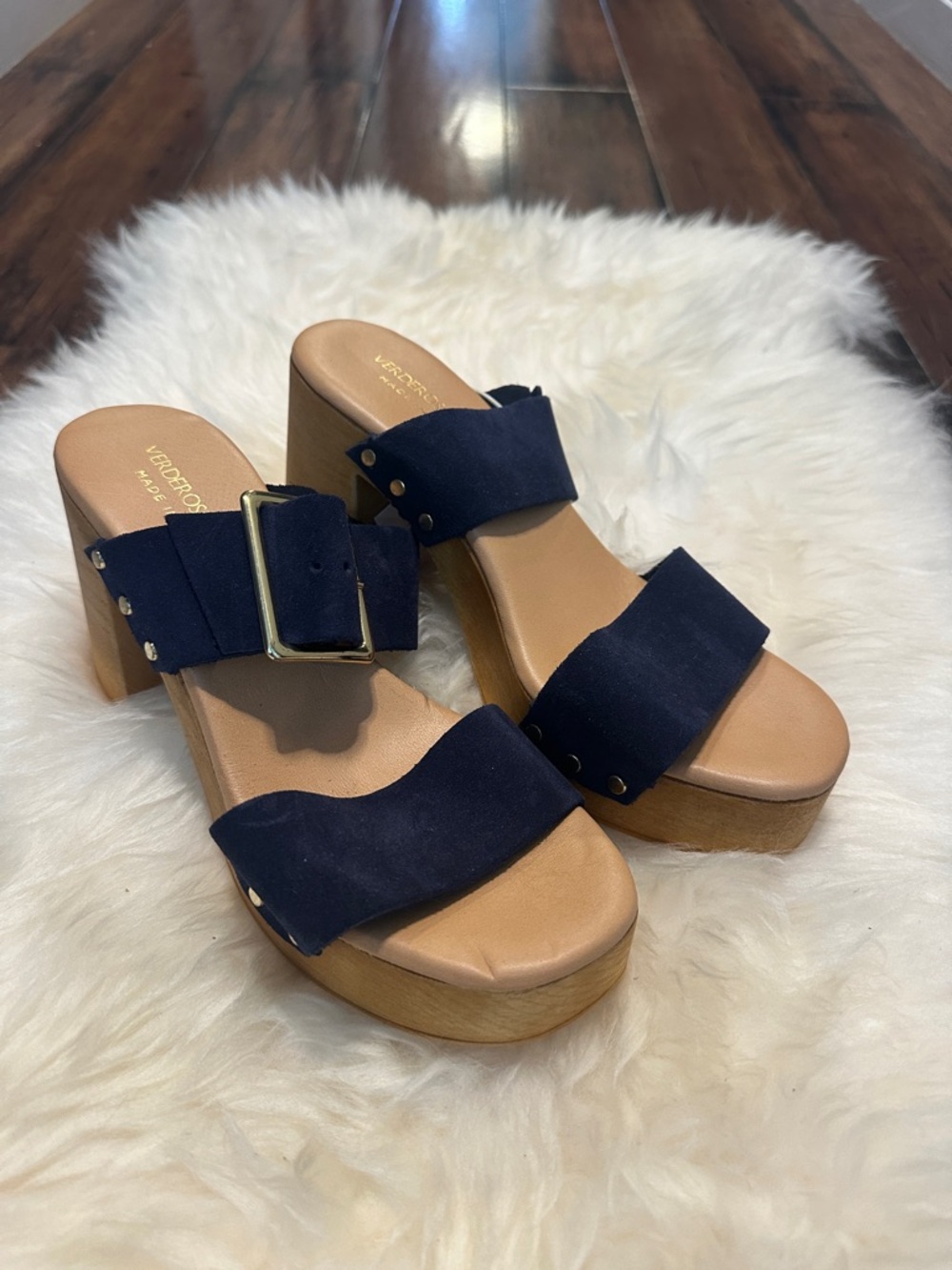 Vagabond Navy Suede Platform Slide Sandals with Buckle Detail, New with tags